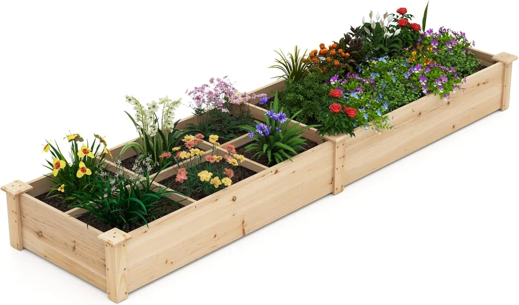 COSTWAY Hochbeet Holz, Gartenbeet mit 2 Pflanzkästen und Trennwänden, Kräuterbeet für Garten Balkon Hof Terrasse, Pflanzbeet Blumenbeet Tannenholz, 228 x 62 x 25 cm (Natur)