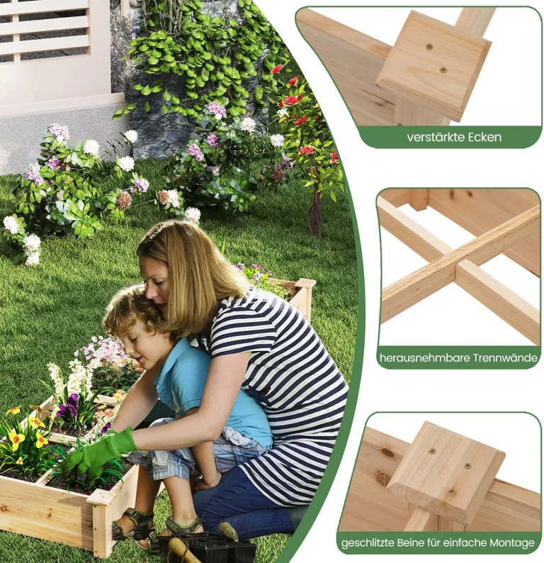 COSTWAY Hochbeet Holz, Gartenbeet mit 2 Pflanzkästen und Trennwänden, Kräuterbeet für Garten Balkon Hof Terrasse, Pflanzbeet Blumenbeet Tannenholz, 228 x 62 x 25 cm (Natur) – Bild 6