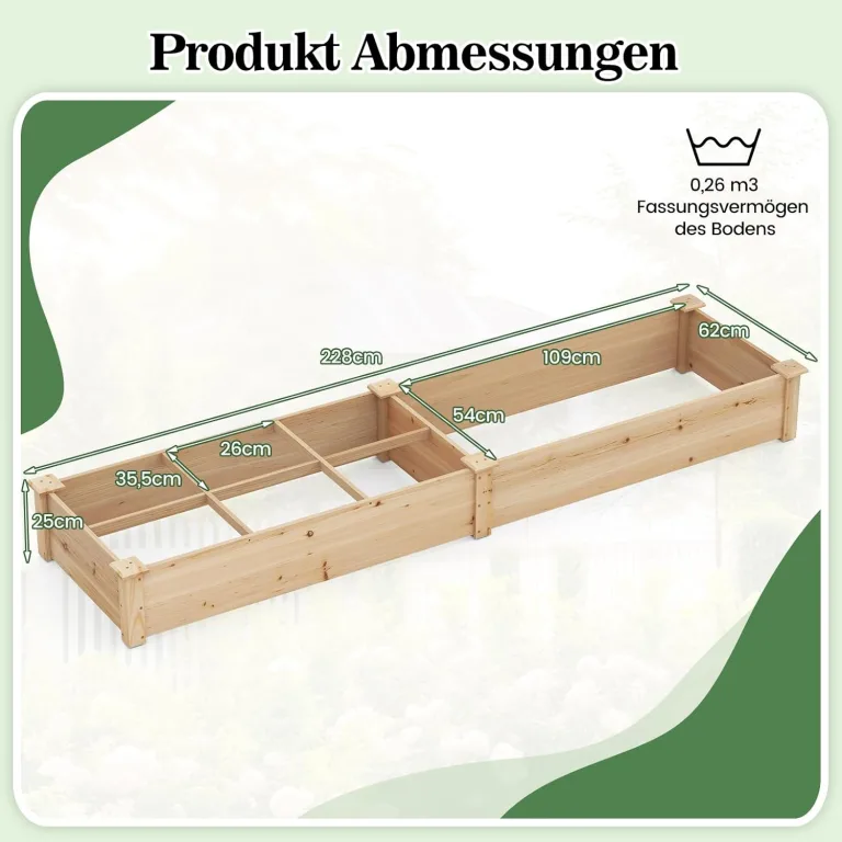 COSTWAY Hochbeet Holz, Gartenbeet mit 2 Pflanzkästen und Trennwänden, Kräuterbeet für Garten Balkon Hof Terrasse, Pflanzbeet Blumenbeet Tannenholz, 228 x 62 x 25 cm (Natur) – Bild 7