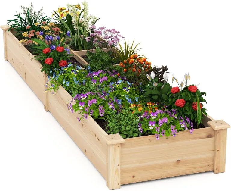 COSTWAY Hochbeet Holz, Gartenbeet mit 2 Pflanzkästen und Trennwänden, Kräuterbeet für Garten Balkon Hof Terrasse, Pflanzbeet Blumenbeet Tannenholz, 228 x 62 x 25 cm (Natur) – Bild 9