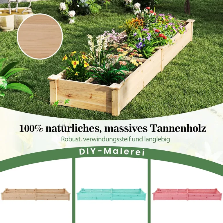COSTWAY Hochbeet Holz, Gartenbeet mit 2 Pflanzkästen und Trennwänden, Kräuterbeet für Garten Balkon Hof Terrasse, Pflanzbeet Blumenbeet Tannenholz, 228 x 62 x 25 cm (Natur) – Bild 4