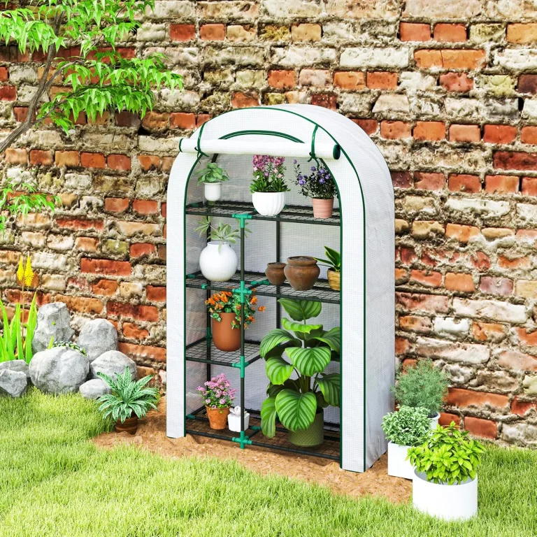 Outsunny Gewächshaus mit Runddach Tür, Regale, winterfest Foliengewächshaus aus Stahl, Treibhaus für Balkon, Garten, Tomatenhaus 100 x 45 x 160 cm, Tomatengewächshaus für Tomaten, Gemüse, Blumen, Weiß – Bild 10