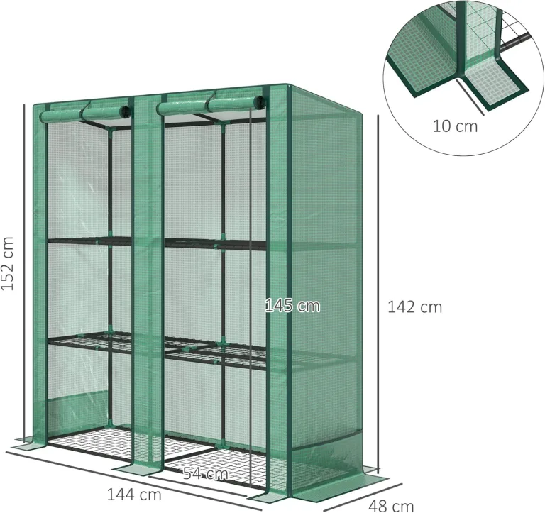 Outsunny Gewächshaus mit Pultdach Doppeltür, Regale, Winterfest Foliengewächshaus aus Stahl, Treibhaus für Balkon, Garten, Tomatenhaus 144 x 48 x 152 cm, Tomatengewächshaus für Tomaten, Gemüse, Grün – Bild 7