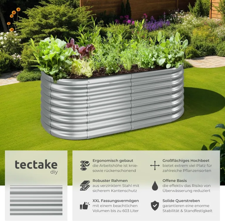 tectake® Hochbeet Metall, Hochbeete-Kit für Beet, Hochbeet Garten, wetterfest, Pflanzkasten, Kräuterbeet, Frühbeet, Gemüsebeet, Pflanzenbeet, zur Anzucht, als Blumenkasten - 603l, 160 x 80 x 60 cm – Bild 2