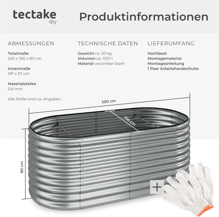 tectake® Hochbeet Metall, Hochbeete-Kit für Beet, Hochbeet Garten, wetterfest, Pflanzkasten, Kräuterbeet, Frühbeet, Gemüsebeet, Pflanzenbeet, zur Anzucht, als Blumenkasten - 1257l, 200 x 100 x 80 cm – Bild 6