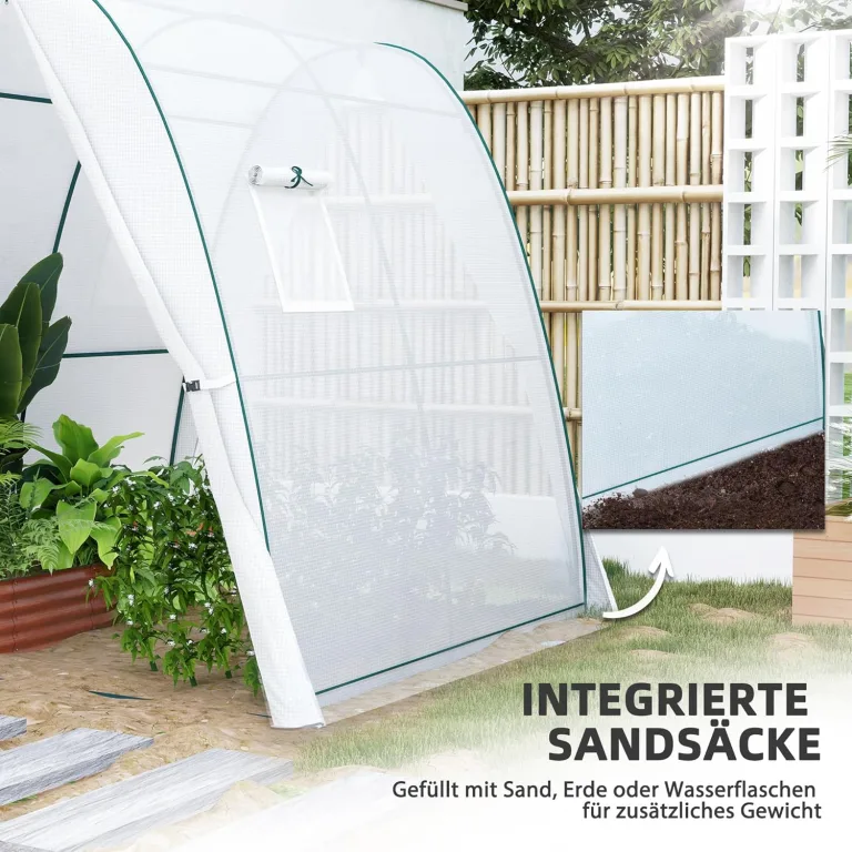 Outsunny Gewächshaus mit Rolltür, 2 Fernster, winterfest Foliengewächshaus aus Stahl, Treibhaus für Balkon, Garten, Tomatenhaus 180 x 180 x 200 cm, Tomatengewächshaus für Tomaten, Gemüse, Blumen, Weiß – Bild 5