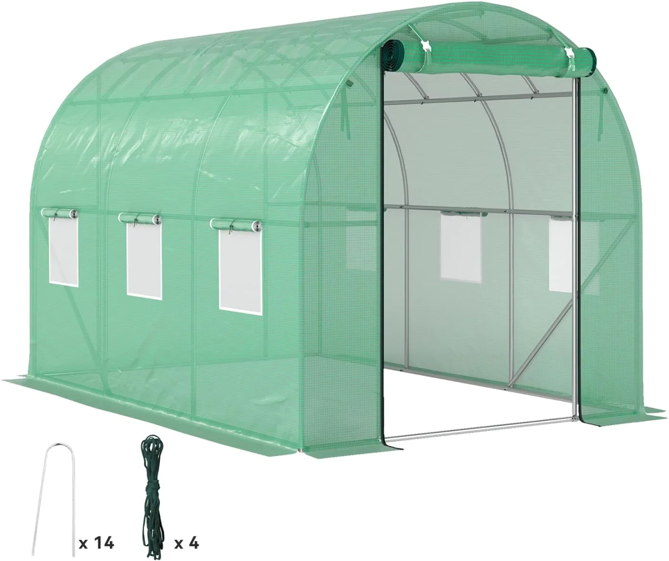 Outsunny Gewächshaus 200x300x200cm Foliengewächshaus Tomatenhaus mit Tür, 6 Fenster, Folientunnel aus verzinktem Stahl, 170g/m² PE, stabiles pflanztunnel, Treibhaus inkl. Erdanker & Seilen, Grün - Bild 1