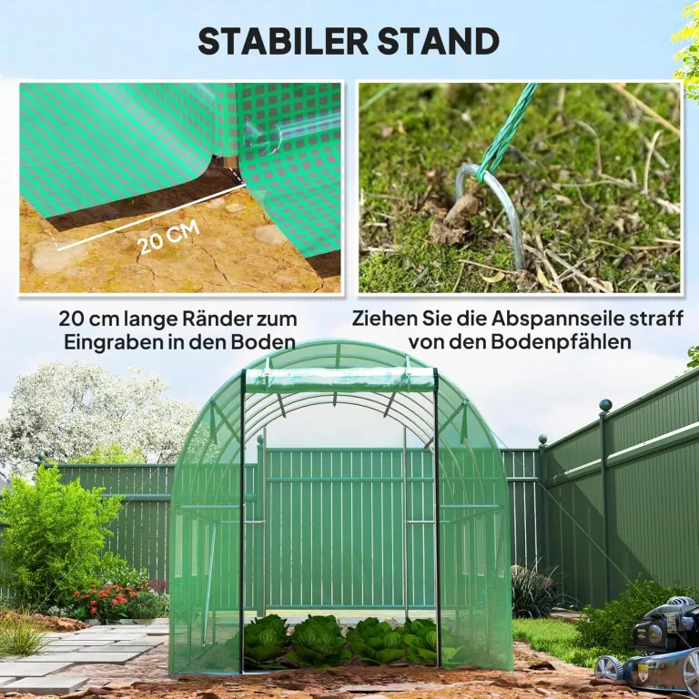 Outsunny Gewächshaus 200x300x200cm Foliengewächshaus Tomatenhaus mit Tür, 6 Fenster, Folientunnel aus verzinktem Stahl, 170g/m² PE, stabiles pflanztunnel, Treibhaus inkl. Erdanker & Seilen, Grün – Bild 6