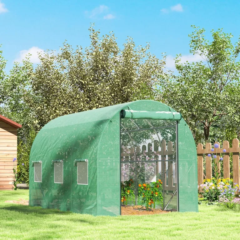 Outsunny Gewächshaus 200x300x200cm Foliengewächshaus Tomatenhaus mit Tür, 6 Fenster, Folientunnel aus verzinktem Stahl, 170g/m² PE, stabiles pflanztunnel, Treibhaus inkl. Erdanker & Seilen, Grün – Bild 9