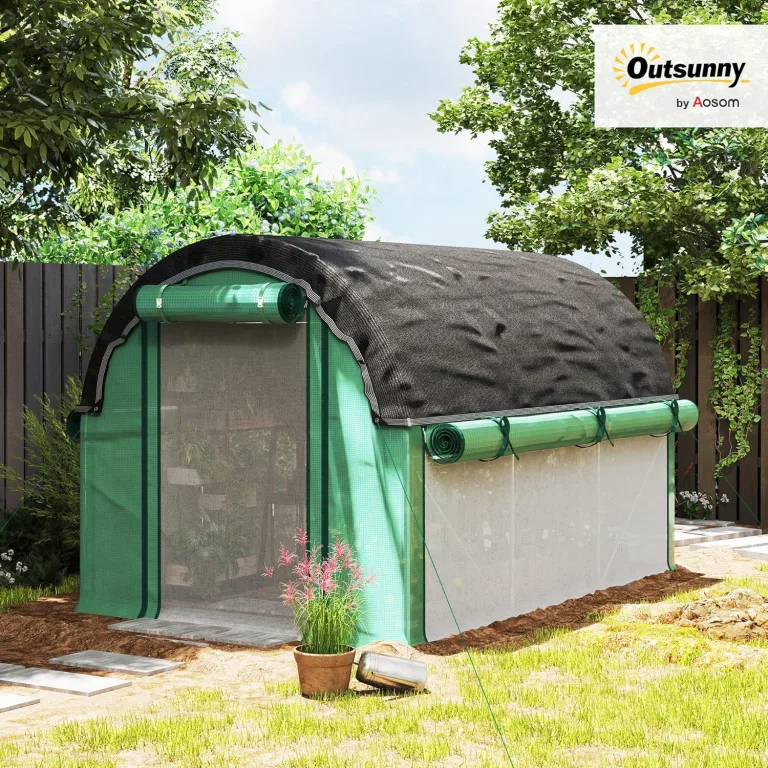 Outsunny Gewächshaus 3 x 2 x 2 m Foliengewächshaus mit 6 Fenster, Rolltüren, Aufrollbar Seitenwänden, UV-beständiger Folientunnel, Winterfest Tomatenhaus mit Erdanker, Grün – Bild 2