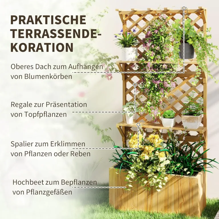 Outsunny Hochbeet mit Spalier, Blumenhochbeet aus Tanneholz, Pflanzbeet mit Rankgitter, Frühbeet mit Regale, Gartenbeet Pflanzkübel Pflanzkasten für Terrasse, Garten, 76 x 33 x 177 cm – Bild 3