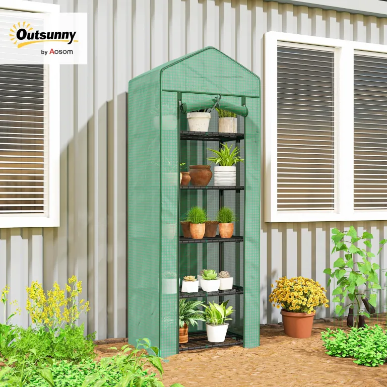 Outsunny Gewächshaus mit Rolltür, Regale, Winterfest Foliengewächshaus aus Stahl, Treibhaus für Balkon, Garten, Tomatenhaus 69 x 49 x 193 cm, Tomatengewächshaus für Tomaten, Blumen, Grün – Bild 2