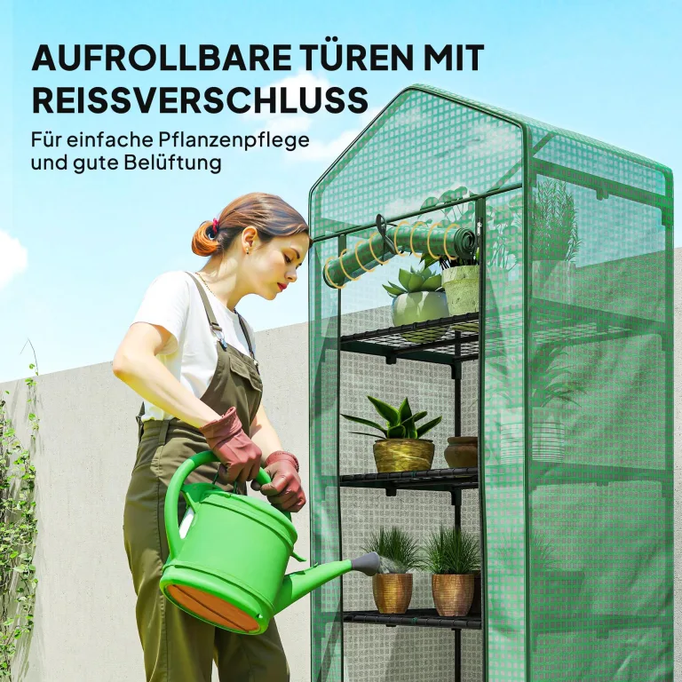 Outsunny Gewächshaus mit Rolltür, Regale, Winterfest Foliengewächshaus aus Stahl, Treibhaus für Balkon, Garten, Tomatenhaus 69 x 49 x 193 cm, Tomatengewächshaus für Tomaten, Blumen, Grün – Bild 5