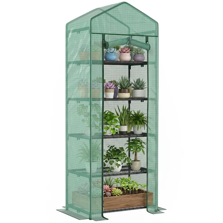 Outsunny Gewächshaus mit Rolltür, Regale, Winterfest Foliengewächshaus aus Stahl, Treibhaus für Balkon, Garten, Tomatenhaus 69 x 49 x 193 cm, Tomatengewächshaus für Tomaten, Blumen, Grün – Bild 1