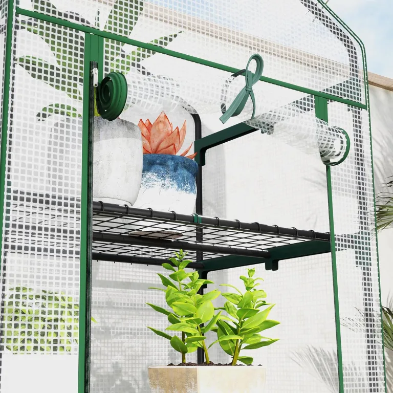 Outsunny Gewächshaus mit Rolltür, Regale, Winterfest Foliengewächshaus aus Stahl, Treibhaus für Balkon, Garten, Tomatenhaus 69 x 49 x 193 cm, Tomatengewächshaus für Tomaten, Blumen, Weiß – Bild 8
