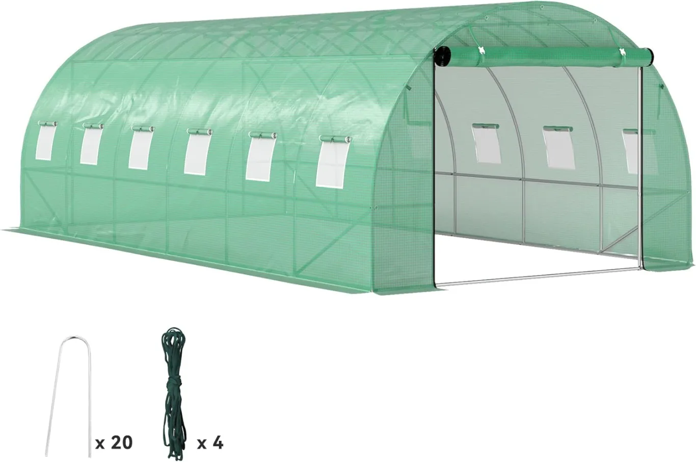 Outsunny Gewächshaus 300x600x200cm Foliengewächshaus Tomatenhaus mit Tür, 12 Fenster, Folientunnel aus verzinktem Stahl, 170g/m² PE, stabiles pflanztunnel, Treibhaus inkl. Erdanker & Seilen, Grün - Bild 1