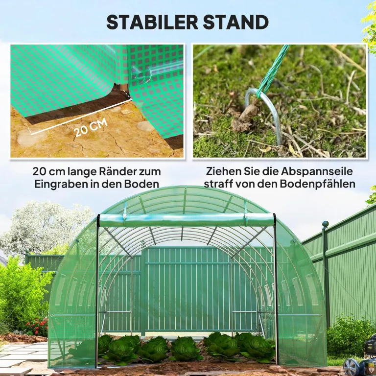 Outsunny Gewächshaus 300x600x200cm Foliengewächshaus Tomatenhaus mit Tür, 12 Fenster, Folientunnel aus verzinktem Stahl, 170g/m² PE, stabiles pflanztunnel, Treibhaus inkl. Erdanker & Seilen, Grün – Bild 6