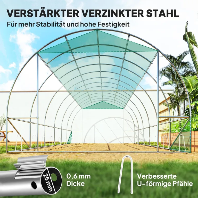 Outsunny Gewächshaus 300x600x200cm Foliengewächshaus Tomatenhaus mit Tür, 12 Fenster, Folientunnel aus verzinktem Stahl, 170g/m² PE, stabiles pflanztunnel, Treibhaus inkl. Erdanker & Seilen, Grün – Bild 4