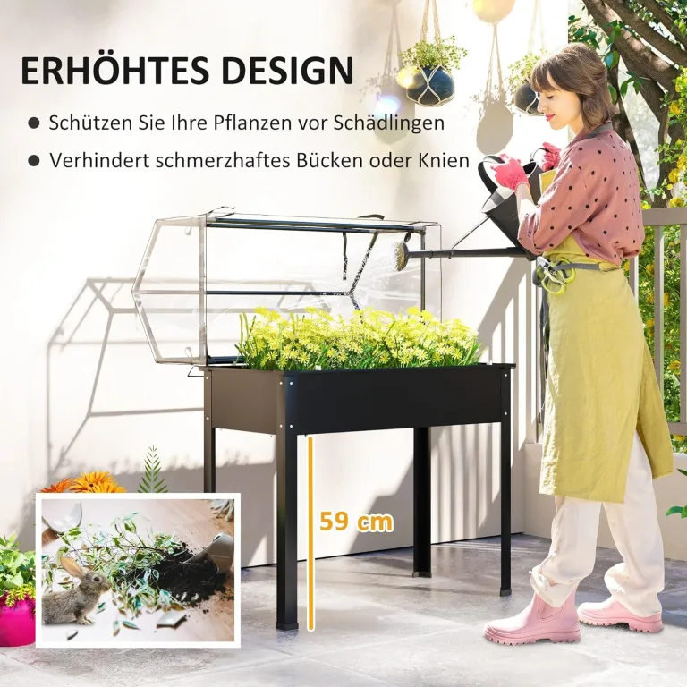 Outsunny Hochbeet mit Abdeckung, erhöhtes Kräuterbeet mit Ablauflöchern, Pflanzkasten aus Metall, wetterbeständig Gemüsebeet, Gartenbeet, Pflanzbeet für Garten, Balkon, 100 x 48 x 124 cm, Schwarz – Bild 4