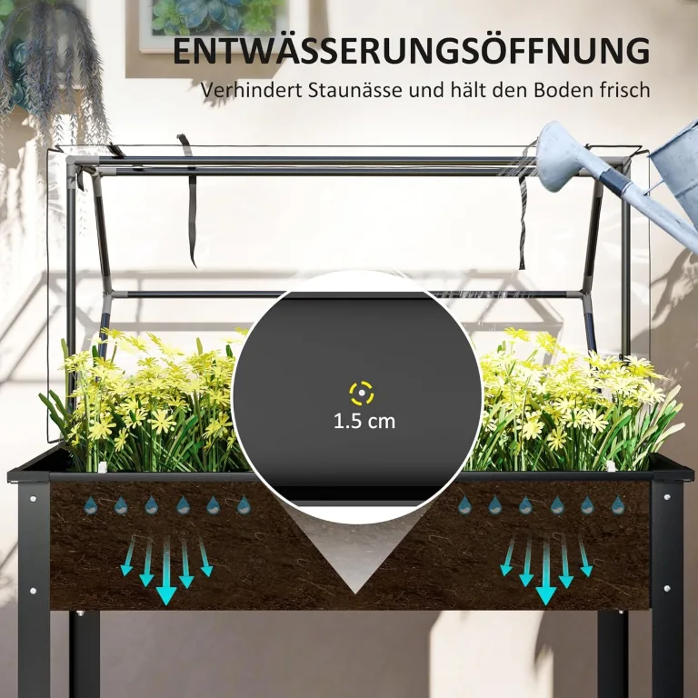Outsunny Hochbeet mit Abdeckung, erhöhtes Kräuterbeet mit Ablauflöchern, Pflanzkasten aus Metall, wetterbeständig Gemüsebeet, Gartenbeet, Pflanzbeet für Garten, Balkon, 100 x 48 x 124 cm, Schwarz – Bild 5