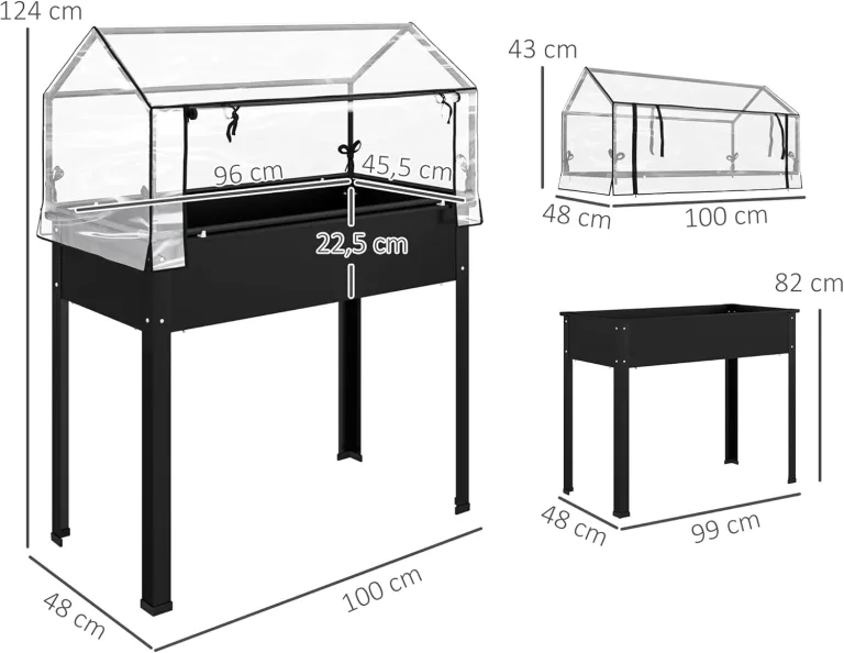 Outsunny Hochbeet mit Abdeckung, erhöhtes Kräuterbeet mit Ablauflöchern, Pflanzkasten aus Metall, wetterbeständig Gemüsebeet, Gartenbeet, Pflanzbeet für Garten, Balkon, 100 x 48 x 124 cm, Schwarz – Bild 7