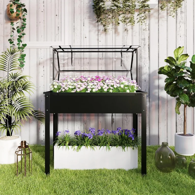 Outsunny Hochbeet mit Abdeckung, erhöhtes Kräuterbeet mit Ablauflöchern, Pflanzkasten aus Metall, wetterbeständig Gemüsebeet, Gartenbeet, Pflanzbeet für Garten, Balkon, 100 x 48 x 124 cm, Schwarz – Bild 8