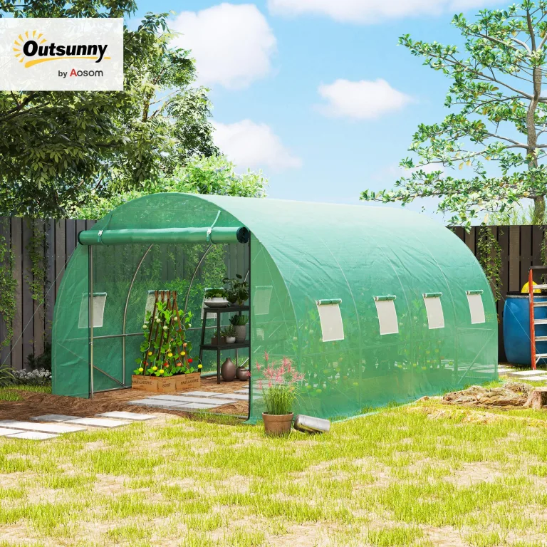 Outsunny Gewächshaus 300x400x200cm Foliengewächshaus Tomatenhaus mit Tür, 8 Fenster, Folientunnel aus verzinktem Stahl, 170g/m² PE, stabiles pflanztunnel, Treibhaus inkl. Erdanker & Seilen, Grün – Bild 2