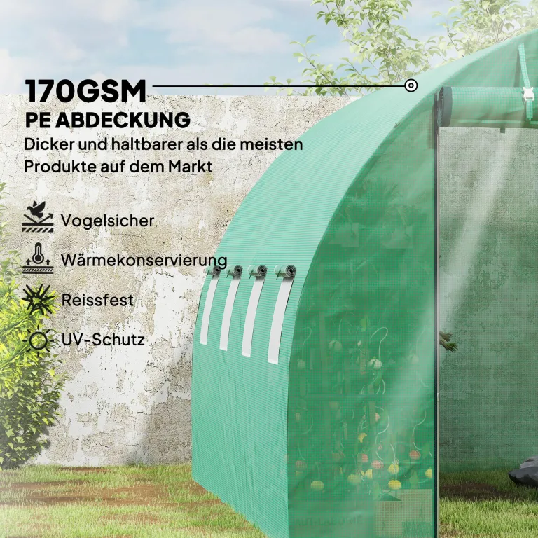 Outsunny Gewächshaus 300x400x200cm Foliengewächshaus Tomatenhaus mit Tür, 8 Fenster, Folientunnel aus verzinktem Stahl, 170g/m² PE, stabiles pflanztunnel, Treibhaus inkl. Erdanker & Seilen, Grün – Bild 3