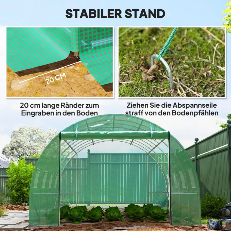 Outsunny Gewächshaus 300x400x200cm Foliengewächshaus Tomatenhaus mit Tür, 8 Fenster, Folientunnel aus verzinktem Stahl, 170g/m² PE, stabiles pflanztunnel, Treibhaus inkl. Erdanker & Seilen, Grün – Bild 6