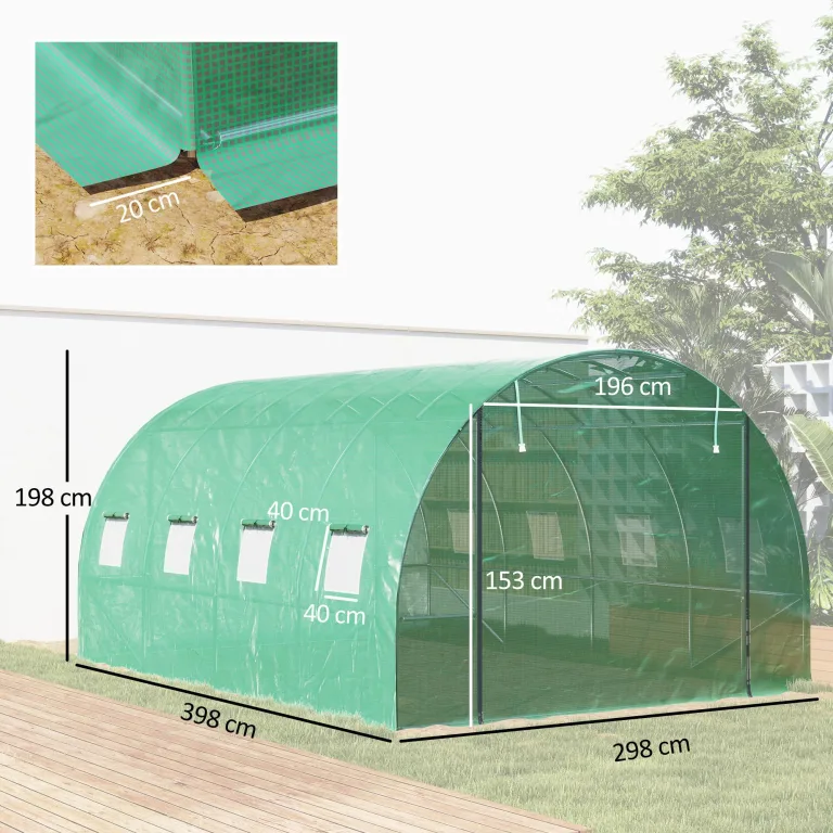 Outsunny Gewächshaus 300x400x200cm Foliengewächshaus Tomatenhaus mit Tür, 8 Fenster, Folientunnel aus verzinktem Stahl, 170g/m² PE, stabiles pflanztunnel, Treibhaus inkl. Erdanker & Seilen, Grün – Bild 7