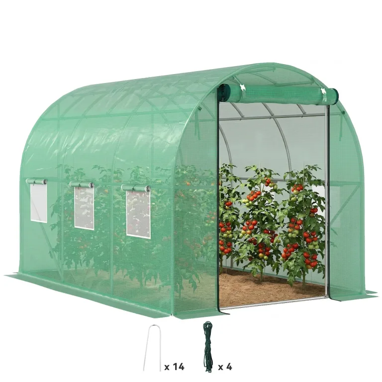 Outsunny Gewächshaus 300x400x200cm Foliengewächshaus Tomatenhaus mit Tür, 8 Fenster, Folientunnel aus verzinktem Stahl, 170g/m² PE, stabiles pflanztunnel, Treibhaus inkl. Erdanker & Seilen, Grün – Bild 10