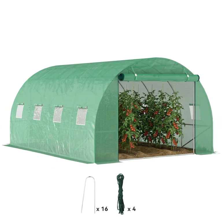 Outsunny Gewächshaus 300x400x200cm Foliengewächshaus Tomatenhaus mit Tür, 8 Fenster, Folientunnel aus verzinktem Stahl, 170g/m² PE, stabiles pflanztunnel, Treibhaus inkl. Erdanker & Seilen, Grün – Bild 1