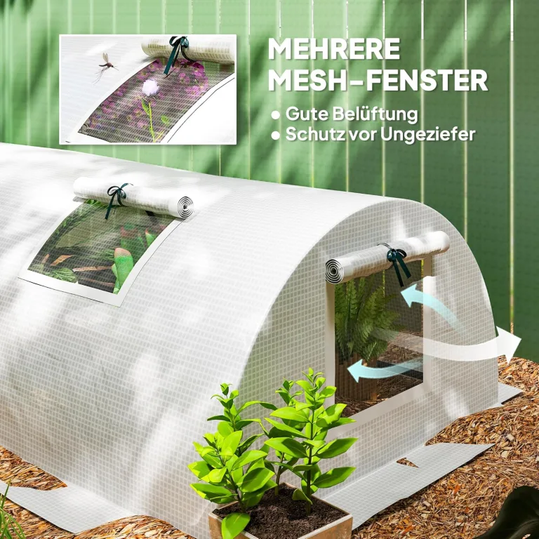 Outsunny Gewächshaus mit Rollfenster Runddach, Winterfest Foliengewächshaus aus Stahl wasserabweisend Treibhaus für Balkon Tomatenhaus mit UV Schutz 300x80x45cm Tomatengewächshaus für Gemüse, Weiß – Bild 4