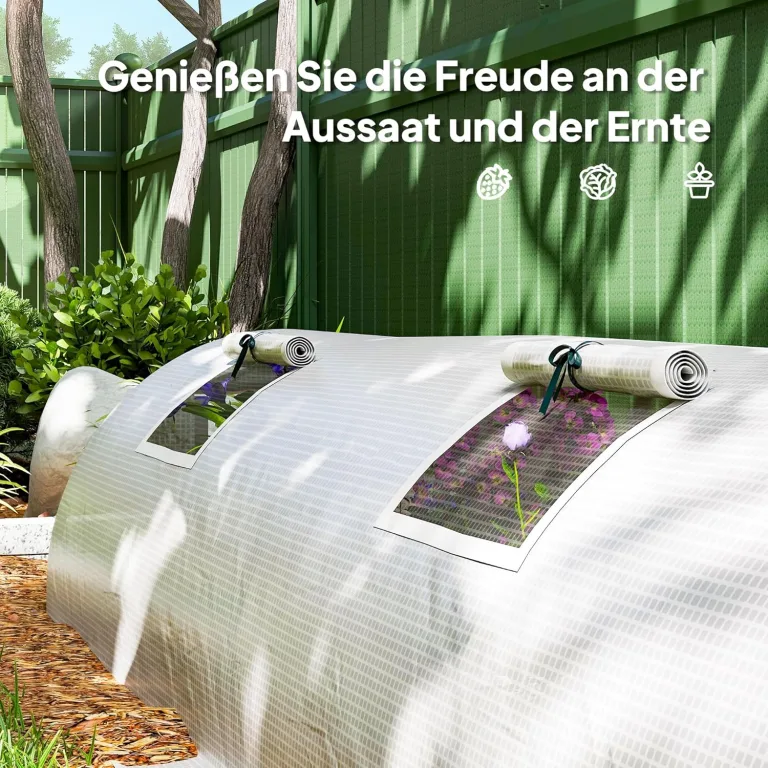 Outsunny Gewächshaus mit Rollfenster Runddach, Winterfest Foliengewächshaus aus Stahl wasserabweisend Treibhaus für Balkon Tomatenhaus mit UV Schutz 300x80x45cm Tomatengewächshaus für Gemüse, Weiß – Bild 6
