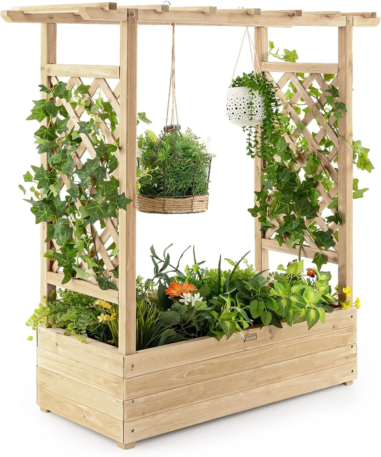 COSTWAY Hochbeet mit Rankgitter & hängendem Dach, Pflanzkasten mit Rankhilfe, Blumenkasten für Kletterpflanzen & hängende Körbe, für Garten Hof Terrasse, Pflanzgefäß aus Holz, Natur - Bild 1