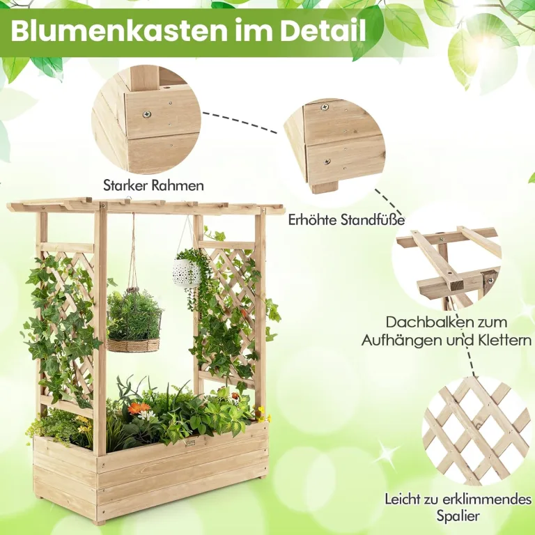 COSTWAY Hochbeet mit Rankgitter & hängendem Dach, Pflanzkasten mit Rankhilfe, Blumenkasten für Kletterpflanzen & hängende Körbe, für Garten Hof Terrasse, Pflanzgefäß aus Holz, Natur – Bild 4