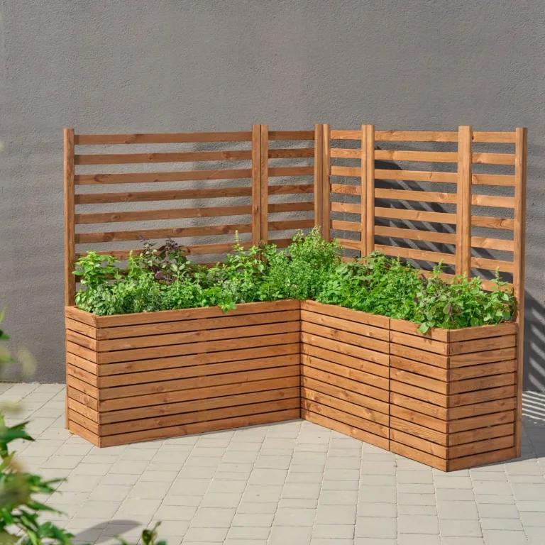 Pflanzkübel mit Rankgitter Spalier mit Pflanzkasten Blumenkasten aus Holz für Garten Balkon Terrasse Hochbeet mit 18L Kunststoff-Pflanzeneinsatz (horizontal-braun, 98x36x55 H130) – Bild 2