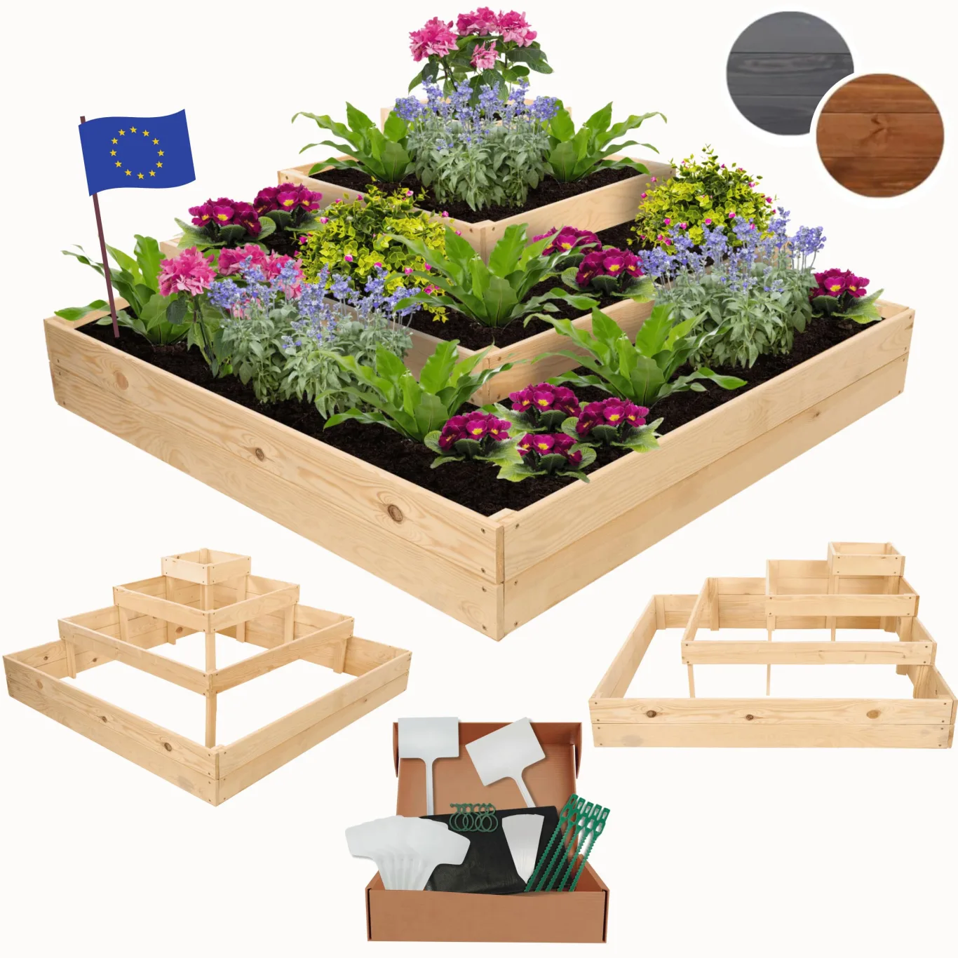 Hochbeet, Kräuterbeet, Gartenbeet, Pflanzbeet, Blumenbeet, Stufenbeet, Holz Stufen Treppe, für Garten und Terrasse, Kiefernholz, Massivholz, Abmessungen 45x119x119 cm, Farbe: Natur - Bild 1