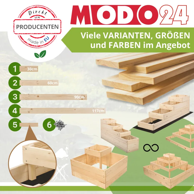 Hochbeet, Kräuterbeet, Gartenbeet, Pflanzbeet, Blumenbeet, Stufenbeet, Holz Stufen Treppe, für Garten und Terrasse, Kiefernholz, Massivholz, Abmessungen 45x119x119 cm, Farbe: Natur – Bild 4
