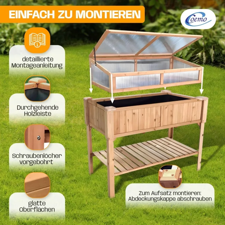 Coemo Frühbeetaufsatz Holz 90 × 60 × 30 cm – Gewächshaus-Abdeckung für Hochbeet – Wetterfester Frühbeetkasten mit Deckel – Schutz für Jungpflanzen & Gemüse – Hochbeet-Bausatz Outdoor – Bild 4