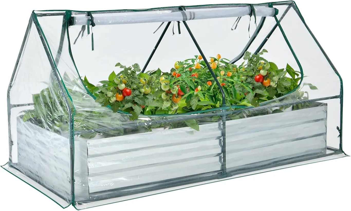 COSTWAY 3 in 1 Gewächshaus mit Hochbeet, Metall Pflanzkasten, PVC-Folie, Blumenbeet mit Zwei Fenstern, Rechteckiges Frühbeet für Blumen, Kräuter im Garten, Terrasse und Balkon, 180x90x91cm, Silber - Bild 1