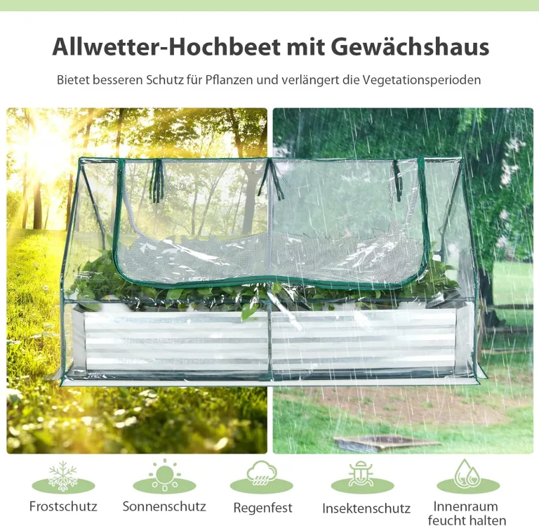 COSTWAY 3 in 1 Gewächshaus mit Hochbeet, Metall Pflanzkasten, PVC-Folie, Blumenbeet mit Zwei Fenstern, Rechteckiges Frühbeet für Blumen, Kräuter im Garten, Terrasse und Balkon, 180x90x91cm, Silber – Bild 3
