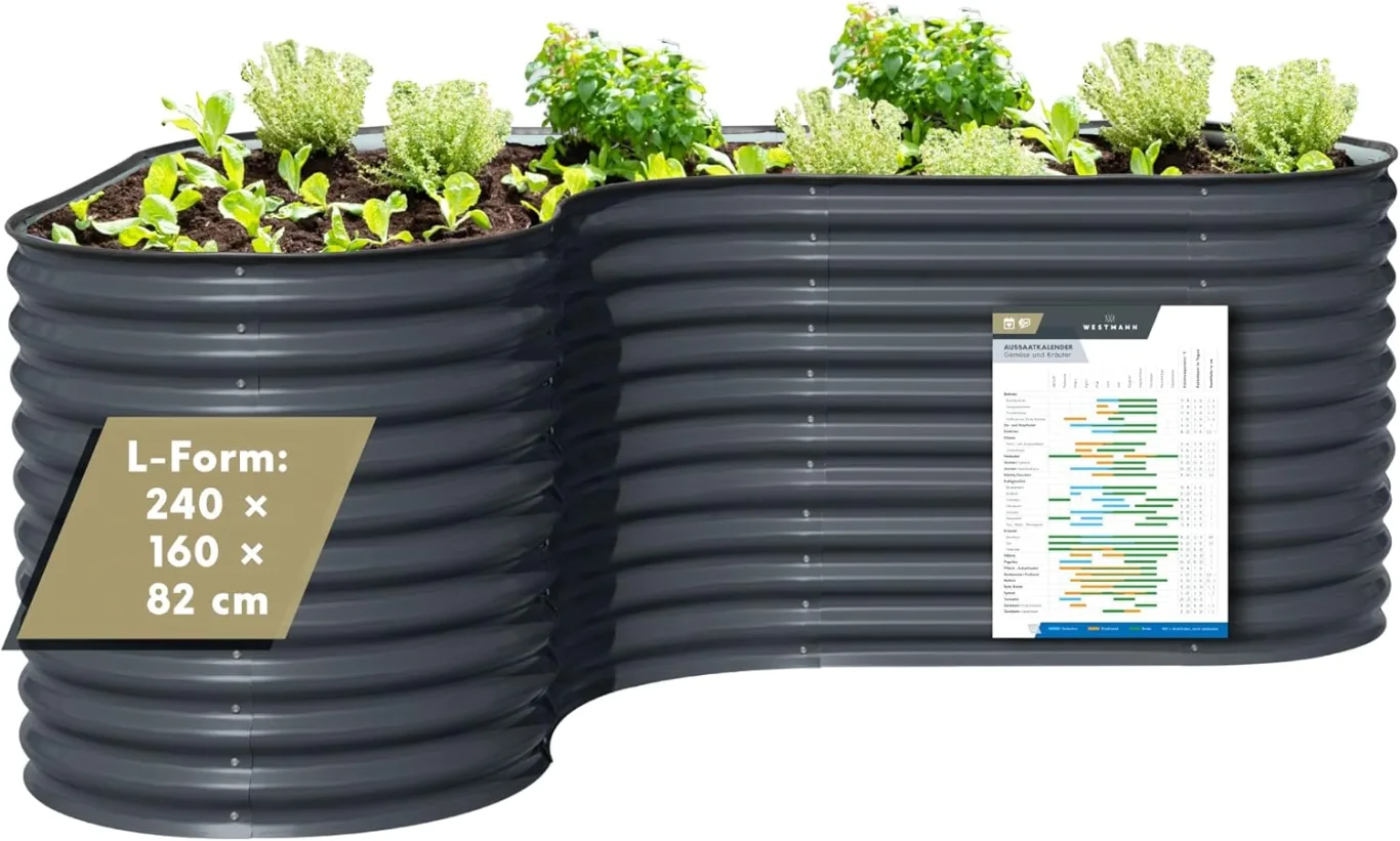 WESTMANN Metallhochbeet inkl. Aussaatkalender | Kräuterbeet für Garten & Terrasse | 240x160x82 cm Grau L-Form | Hochbeet & Frühbeet zum Bepflanzen von Gemüse | Pflanzkasten aus Metall - Bild 1