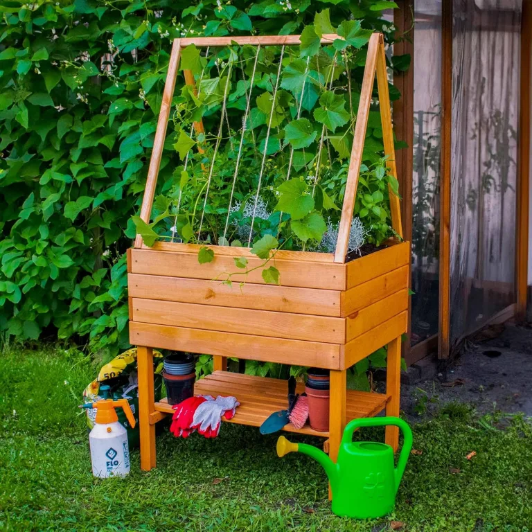 dobar® Hochbeet Kubus 2.0 aus Holz mit Rankhilfe-Aufsatz abnehmbar für Rankgewächse - Salatbeet auf Stelzen 100 L für Garten und Balkon - Hochbeet-Kit Braun – Bild 4