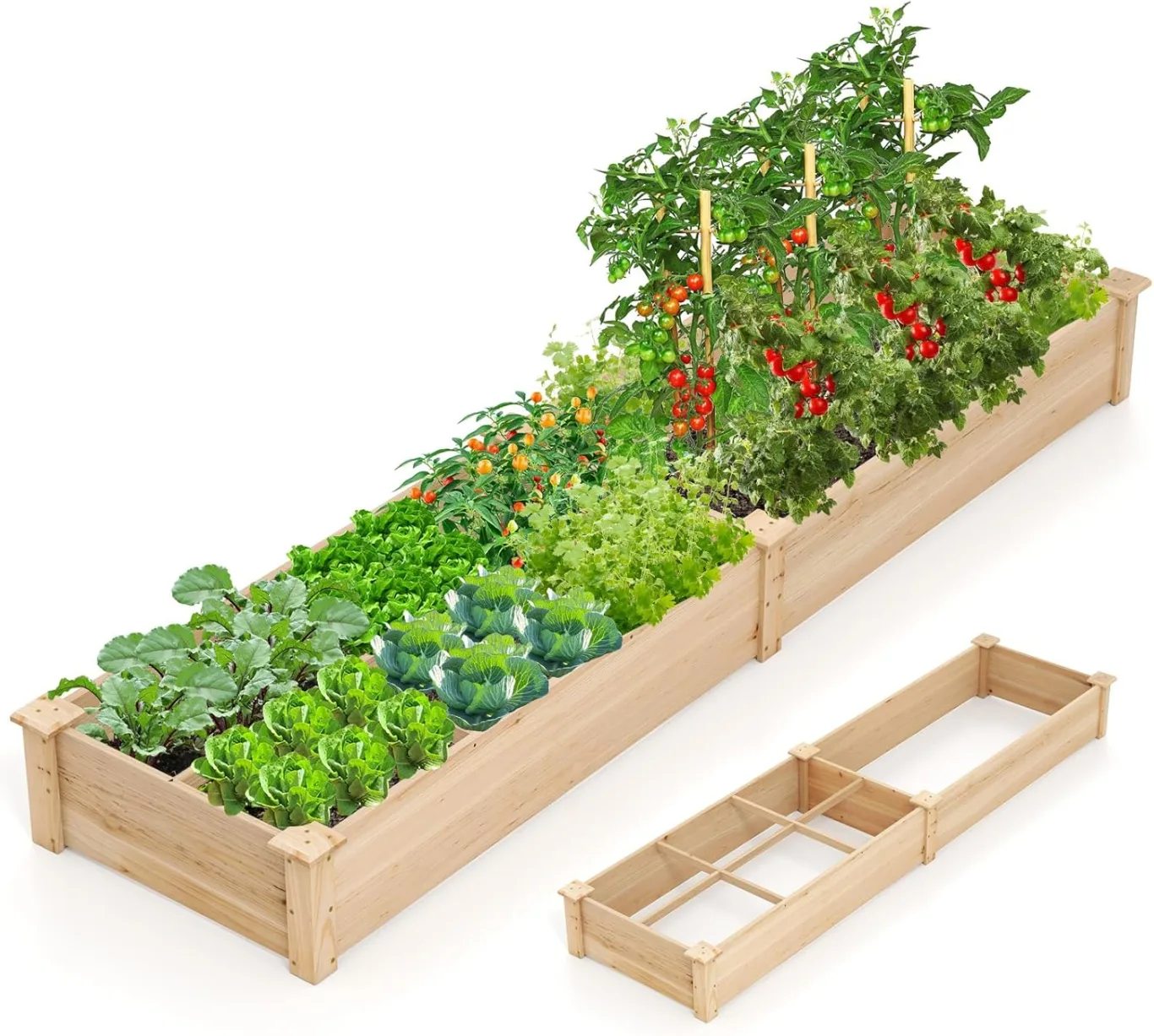GOPLUS Hochbeet aus Tannenholz, Gartenbeet mit 2 Pflanzkästen & Trennwänden, Blumenkasten mit offenem Boden, Pflanzbeet Pflanzkasten Pflanzkübel für Blumen, Gemüse & Obst (228x62x25 cm) - Bild 1