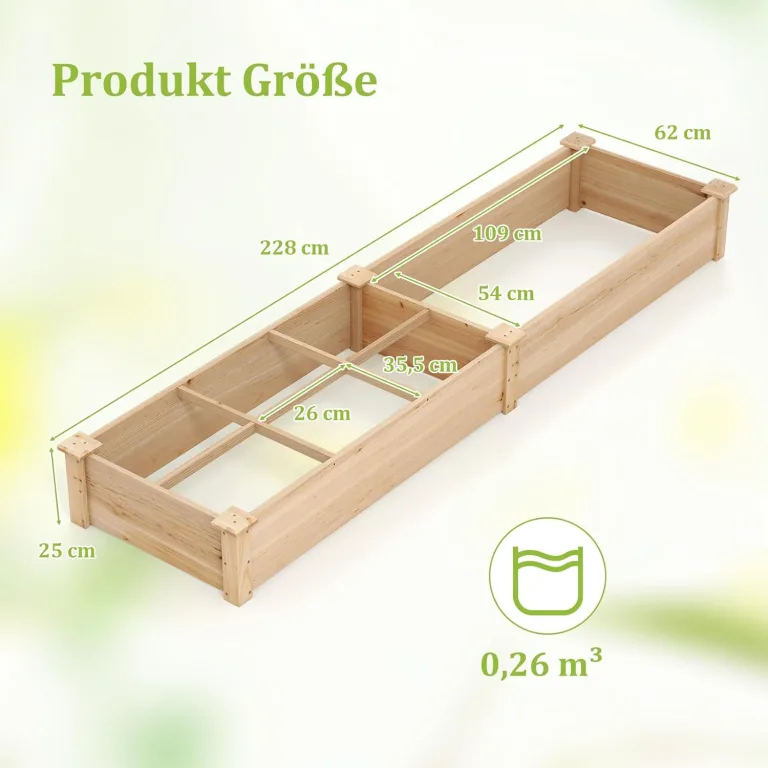 GOPLUS Hochbeet aus Tannenholz, Gartenbeet mit 2 Pflanzkästen & Trennwänden, Blumenkasten mit offenem Boden, Pflanzbeet Pflanzkasten Pflanzkübel für Blumen, Gemüse & Obst (228x62x25 cm) – Bild 6