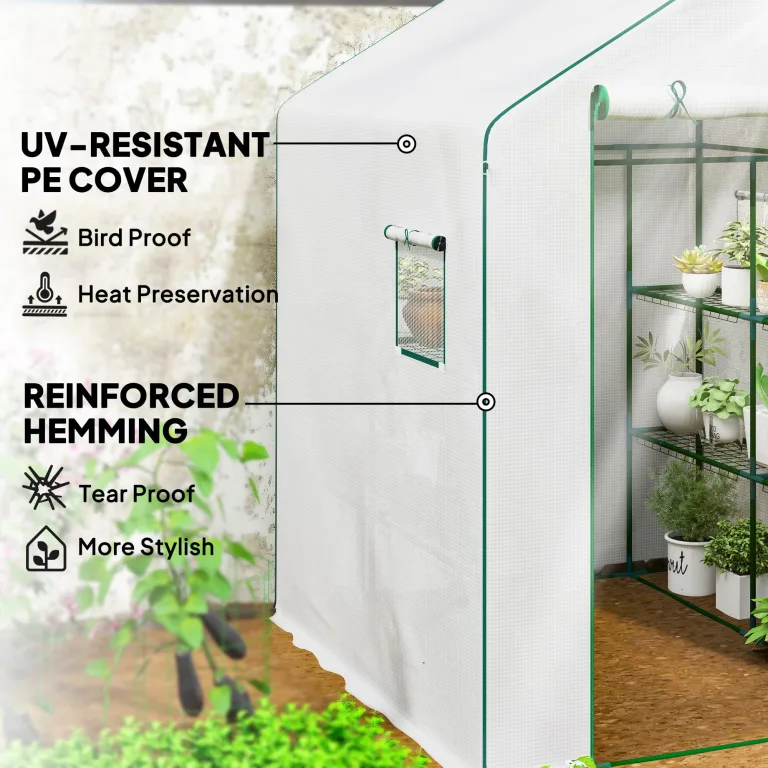 Outsunny Gartengewächshaus PE mit Regalen 3 Ebenen, Balkongewächshaus, verstärkte Plane 135 g/m², Stahlrahmen, aufrollbare Reißverschlusstür, für Gemüse Pflanzen Blumen, 140x143x190cm, weiß – Bild 4