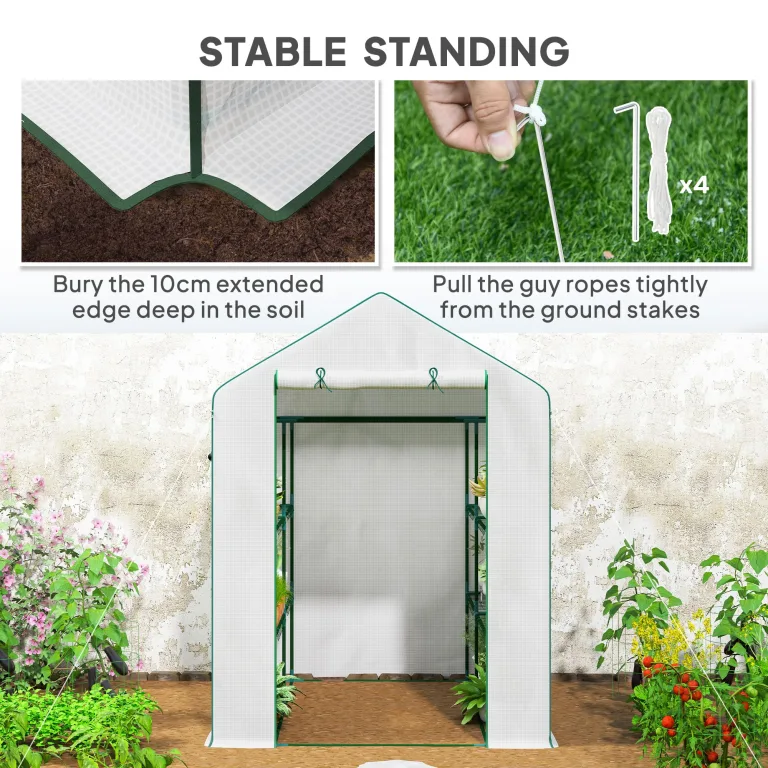 Outsunny Gartengewächshaus PE mit Regalen 3 Ebenen, Balkongewächshaus, verstärkte Plane 135 g/m², Stahlrahmen, aufrollbare Reißverschlusstür, für Gemüse Pflanzen Blumen, 140x143x190cm, weiß – Bild 7