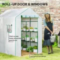 Outsunny Gartengewächshaus PE mit Regalen 3 Ebenen, Balkongewächshaus, verstärkte Plane 135 g/m², Stahlrahmen, aufrollbare Reißverschlusstür, für Gemüse Pflanzen Blumen, 140x143x190cm, weiß - Thumbnail 6