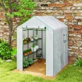 Outsunny Gartengewächshaus PE mit Regalen 3 Ebenen, Balkongewächshaus, verstärkte Plane 135 g/m², Stahlrahmen, aufrollbare Reißverschlusstür, für Gemüse Pflanzen Blumen, 140x143x190cm, weiß - Thumbnail 8